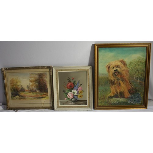 55 - VARIOUS FRAMED AND UNFRAMED PICTURES - PRINTS AND OILS INCLUDING: GILT FRAMED OIL PAINTING OF VILLAG... 