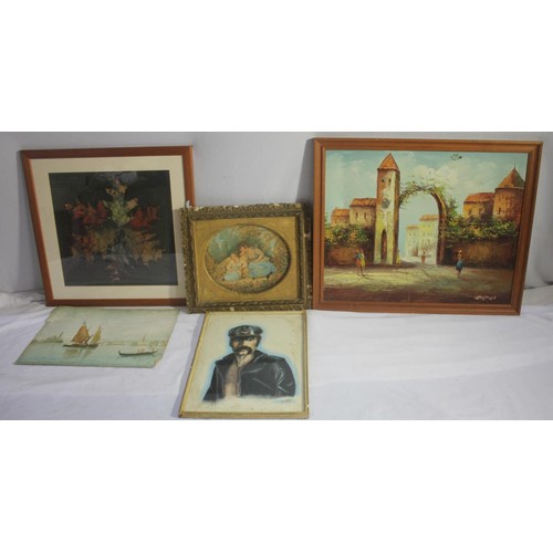 55 - VARIOUS FRAMED AND UNFRAMED PICTURES - PRINTS AND OILS INCLUDING: GILT FRAMED OIL PAINTING OF VILLAG... 