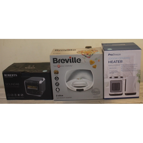 5 - ROBERTS DAB RADIO, BREVILLE 2 SLICE SANDWICH TOASTER AND PRO BREEZE CERAMIC HEATER