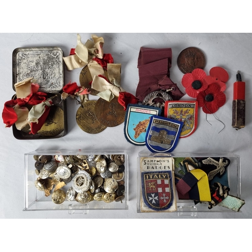 9 - MILITARIA INCLUDING TRENCH ART, BADGES, NASA ISSUED HEADSET, HELMET, DVDS, ETC