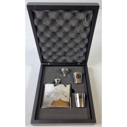 47 - BOX OF NEW 'JACK DANIELS' ITEMS INCLUDING HIP FLASK SET, WALLET AND CUFFLINKS