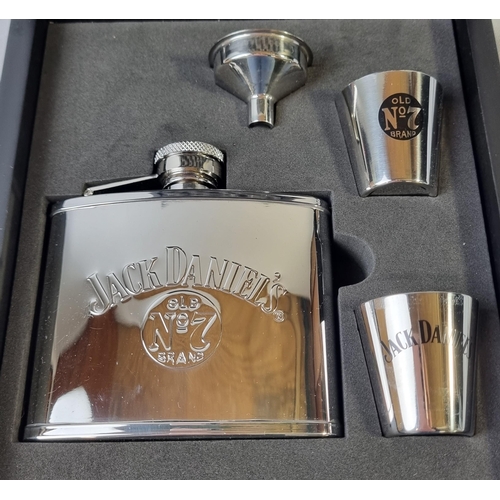 47 - BOX OF NEW 'JACK DANIELS' ITEMS INCLUDING HIP FLASK SET, WALLET AND CUFFLINKS