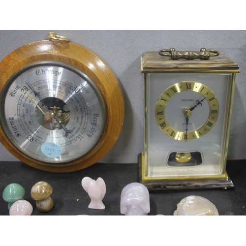 57 - BAROMETER, ONYX CLOCK, 2 LEATHER CASES, VARIOUS STONE ORNAMENTS