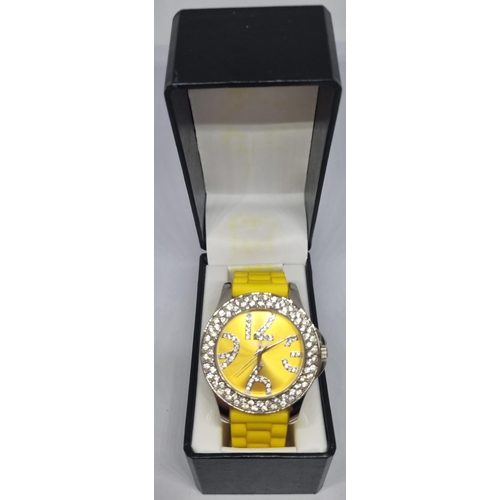 102 - NEW BOXED 'GOSSIP' WATCH ON ZEBRA PATTERNED BANGLE AND NEW BOXED 'GOSSIP' YELLOW FACED STONE SET WAT... 