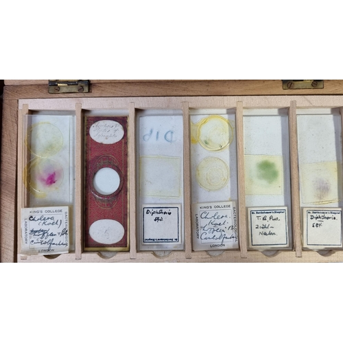 46 - 4 WOODEN MICROSCOPE SLIDE BOXES CONTAINING VARIOUS SLIDES & MICROSCOPE IN WOODEN CASE