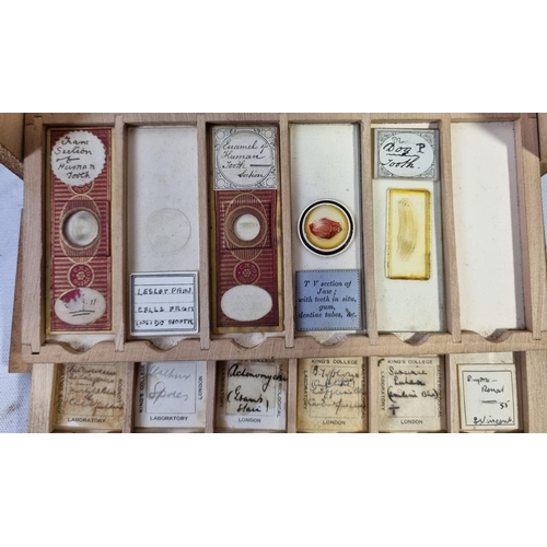 46 - 4 WOODEN MICROSCOPE SLIDE BOXES CONTAINING VARIOUS SLIDES & MICROSCOPE IN WOODEN CASE