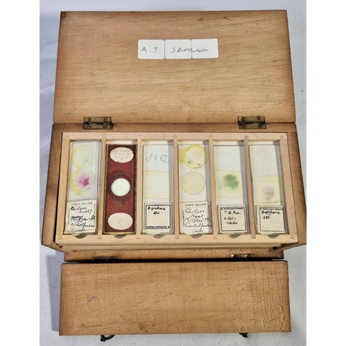 46 - 4 WOODEN MICROSCOPE SLIDE BOXES CONTAINING VARIOUS SLIDES & MICROSCOPE IN WOODEN CASE