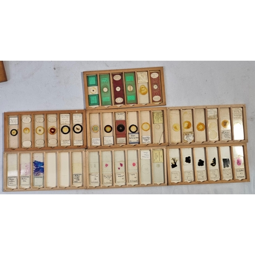 46 - 4 WOODEN MICROSCOPE SLIDE BOXES CONTAINING VARIOUS SLIDES & MICROSCOPE IN WOODEN CASE