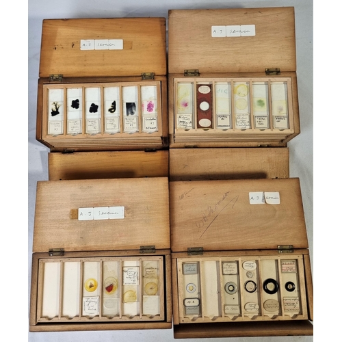 46 - 4 WOODEN MICROSCOPE SLIDE BOXES CONTAINING VARIOUS SLIDES & MICROSCOPE IN WOODEN CASE