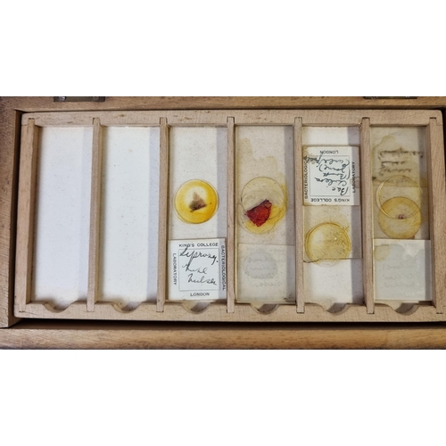 46 - 4 WOODEN MICROSCOPE SLIDE BOXES CONTAINING VARIOUS SLIDES & MICROSCOPE IN WOODEN CASE