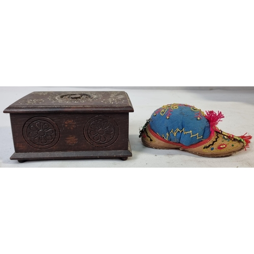 49 - CARVED WOODEN BOX, CANTELEVER SEWING BOX, SMALL WOODEN BOX & SHOE PIN CUSHION