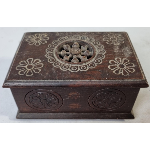 49 - CARVED WOODEN BOX, CANTELEVER SEWING BOX, SMALL WOODEN BOX & SHOE PIN CUSHION