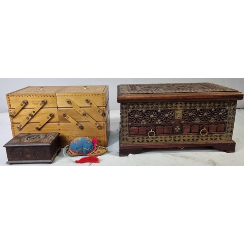 49 - CARVED WOODEN BOX, CANTELEVER SEWING BOX, SMALL WOODEN BOX & SHOE PIN CUSHION