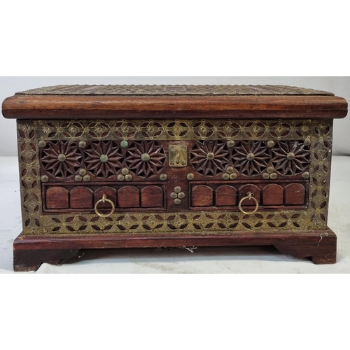 49 - CARVED WOODEN BOX, CANTELEVER SEWING BOX, SMALL WOODEN BOX & SHOE PIN CUSHION