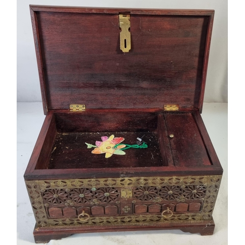 49 - CARVED WOODEN BOX, CANTELEVER SEWING BOX, SMALL WOODEN BOX & SHOE PIN CUSHION