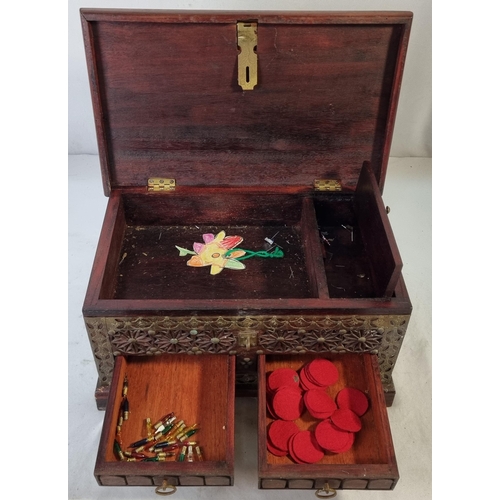 49 - CARVED WOODEN BOX, CANTELEVER SEWING BOX, SMALL WOODEN BOX & SHOE PIN CUSHION