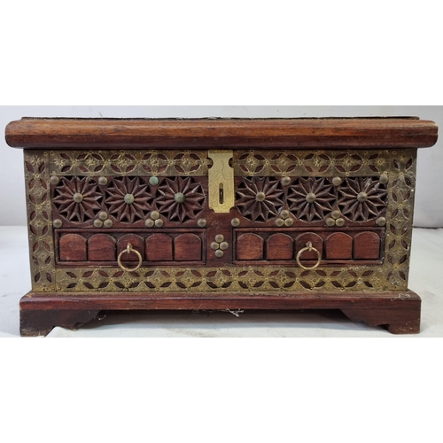 49 - CARVED WOODEN BOX, CANTELEVER SEWING BOX, SMALL WOODEN BOX & SHOE PIN CUSHION