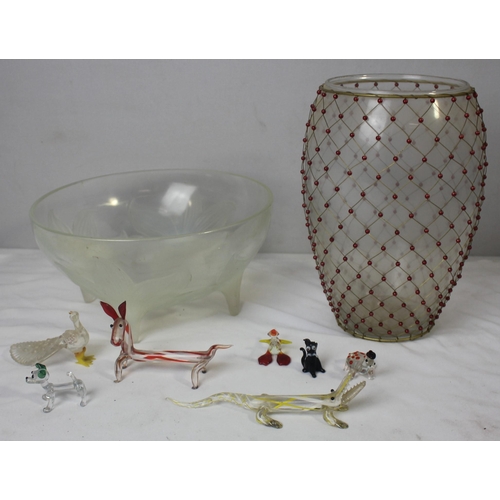 58 - GLASS VASE, GLASS BOWL & VARIOUS GLASS ORNAMENTS