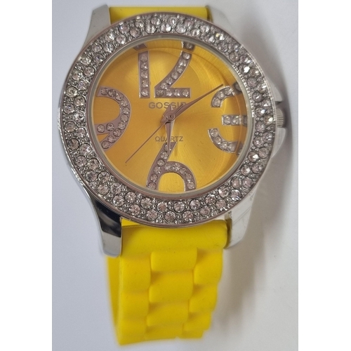 102 - NEW BOXED 'GOSSIP' WATCH ON ZEBRA PATTERNED BANGLE AND NEW BOXED 'GOSSIP' YELLOW FACED STONE SET WAT... 