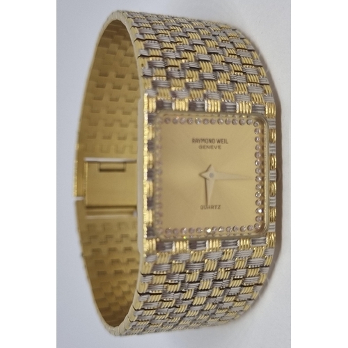 103 - 'RAYMOND WEIL' GENEVE 18K GOLD ELECTRO PLATED SQUARE FACED STONE SET BRACELET WATCH (SLIGHT SCRATCHE... 