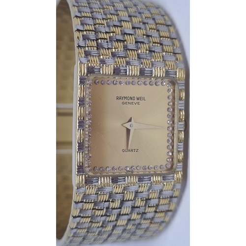 103 - 'RAYMOND WEIL' GENEVE 18K GOLD ELECTRO PLATED SQUARE FACED STONE SET BRACELET WATCH (SLIGHT SCRATCHE... 