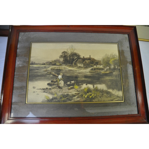 6 - 3 MAHOGANY FRAMED PRINTS AND GILT FRAMED WATERCOLOUR OF CASTELL COCH