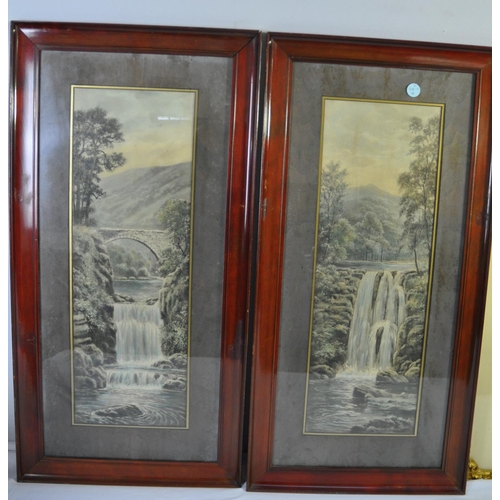 6 - 3 MAHOGANY FRAMED PRINTS AND GILT FRAMED WATERCOLOUR OF CASTELL COCH