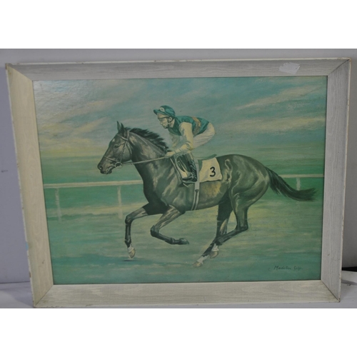 52 - LESTER PIGGOTT PRINT, GLENEAGLES GOLF PRINT AND LIMITED EDITION JACK RUSSELL PRINT OF SIR DON BRADMA... 