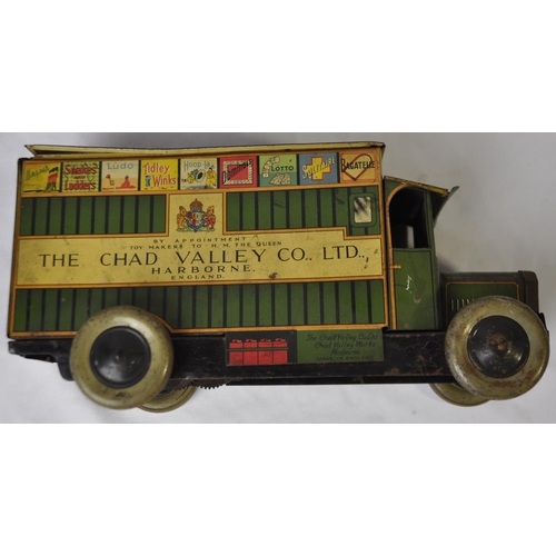 54 - CHAD VALLEY TINPLATE CLOCKWORK GAMES DELIVERY VAN, APPROX LENGTH 25cm PLAY WORN AND SOME RUST. NO KE... 