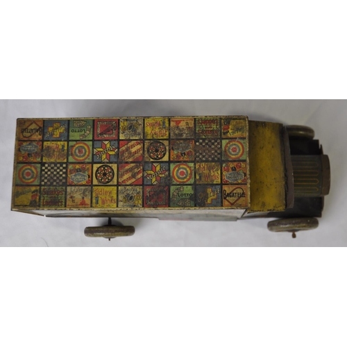 54 - CHAD VALLEY TINPLATE CLOCKWORK GAMES DELIVERY VAN, APPROX LENGTH 25cm PLAY WORN AND SOME RUST. NO KE... 