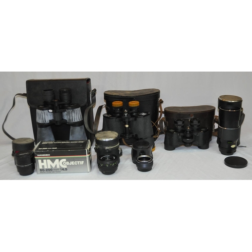 82 - BOX OF CAMERA EQUIPMENT AND BINOCULARS