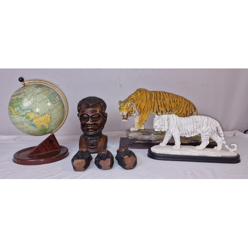 102 - 2 TIGER ORNAMENTS, GLOBE, 4 CARVED WOOD FIGURES