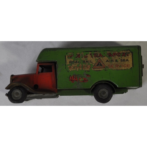 181 - JETEX JET PROPELLED RACING CAR, TRI-ANG CLOCKWORK LORRY (DAMAGED) AND BOX OF DIE CAST MILITARY VECHI... 