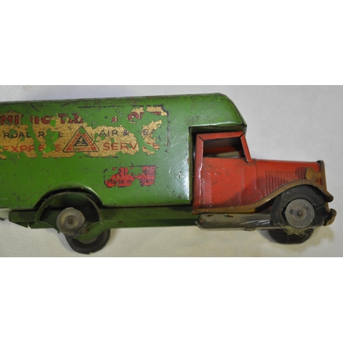 181 - JETEX JET PROPELLED RACING CAR, TRI-ANG CLOCKWORK LORRY (DAMAGED) AND BOX OF DIE CAST MILITARY VECHI... 