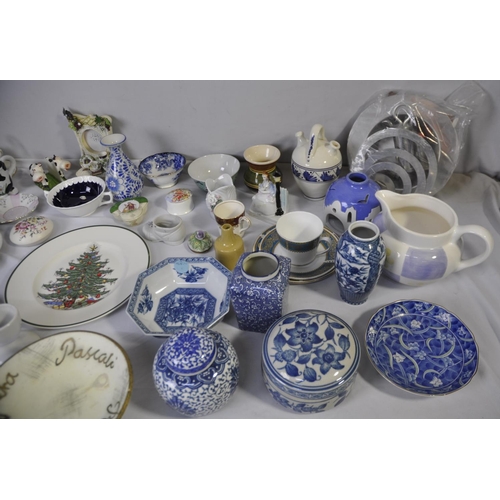 184 - MISCELLANEOUS INCLUDING BLUE AND WHITE KITCHENWARE, PHOTO FRAMES, ROYAL ALBERT GRAVY BOAT