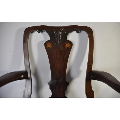 185 - ARMCHAIR WITH INLAID DECORATION TO BACK, SHAPED ARM RESTS ON PAD, FEET TO FRONT SUPPORTS