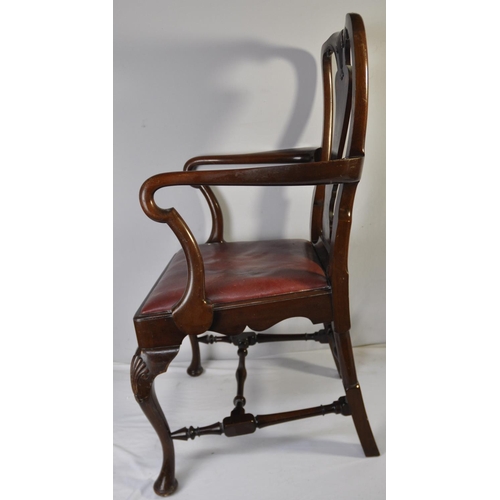 185 - ARMCHAIR WITH INLAID DECORATION TO BACK, SHAPED ARM RESTS ON PAD, FEET TO FRONT SUPPORTS