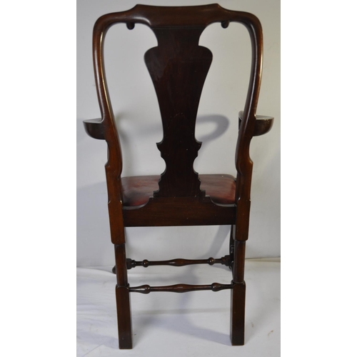 185 - ARMCHAIR WITH INLAID DECORATION TO BACK, SHAPED ARM RESTS ON PAD, FEET TO FRONT SUPPORTS