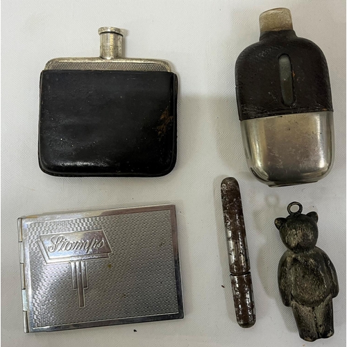 209 - BOX COLLECTABLE ITEMS & VARIOUS WATCHES: 2 MINIATURE STAINLESS STEEL/LEATHER FLASKS, LADIES &... 