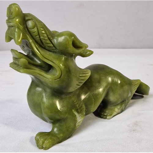 213 - PAIR OF GREEN SOAP STONE DRAGONS