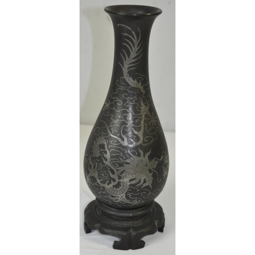 214 - PAIR OF JAPANESE VASES LACQUERED AND INLAID WITH SILVER c1890