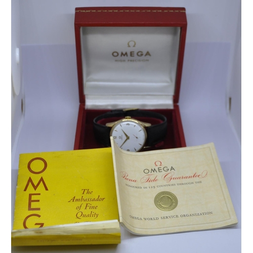 230 - OMEGA 9ct GOLD WRISTWATCH.  HALLMARKED FOR 1958/59 C/W BOX AND ORIGINAL WARRANTY FROM 1960ALSO HAS A... 