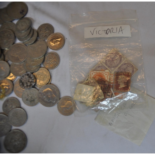 237 - BAG OF COINS AND STAMPS