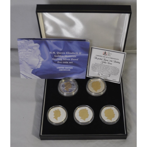 242 - LONDON MINT H M QUEEN ELIZABETH II GOLDEN MOMENTS STERLING SILVER PROOF 5 COIN SET WITH LIMITED EDIT... 