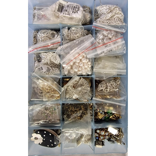 132 - 4 COMPARTMENTED BOXES AND BAG OF JEWELLERY MAKING ACCESSORIES - LINKS, BEADS, EARRING BACKS, CARD, C... 