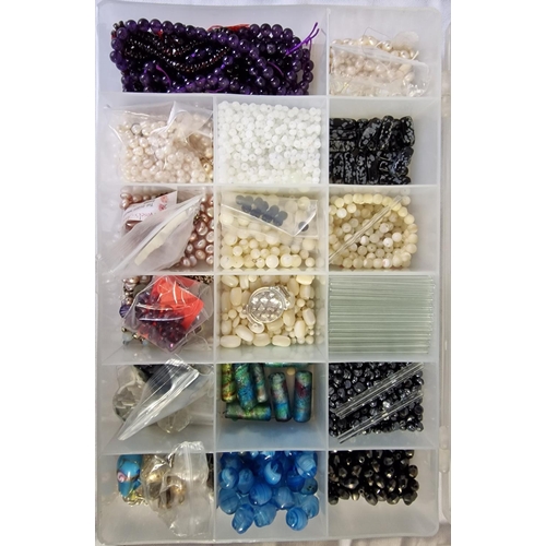 132 - 4 COMPARTMENTED BOXES AND BAG OF JEWELLERY MAKING ACCESSORIES - LINKS, BEADS, EARRING BACKS, CARD, C... 