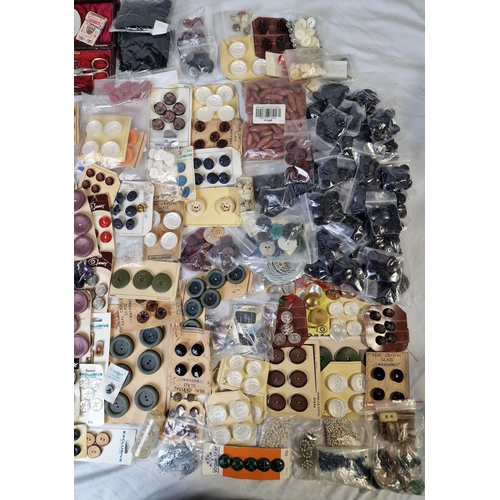 134 - 3 TUBS OF BUTTONS, COTTON, CROCHET BAGS, ETC