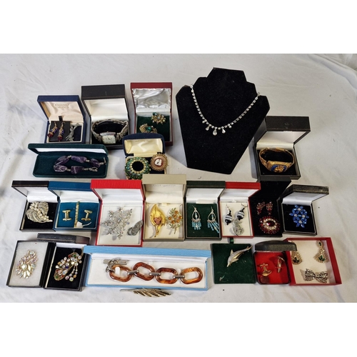 218 - BOX COSTUME JEWELLERY - BROOCHES, NECKLACES, CUFFLINKS AND GENTS SWISS LINE WATCH