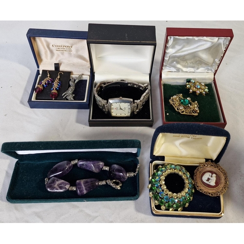 218 - BOX COSTUME JEWELLERY - BROOCHES, NECKLACES, CUFFLINKS AND GENTS SWISS LINE WATCH