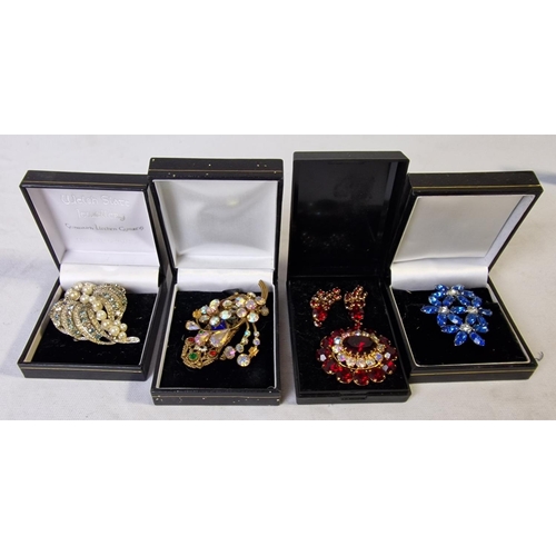 218 - BOX COSTUME JEWELLERY - BROOCHES, NECKLACES, CUFFLINKS AND GENTS SWISS LINE WATCH